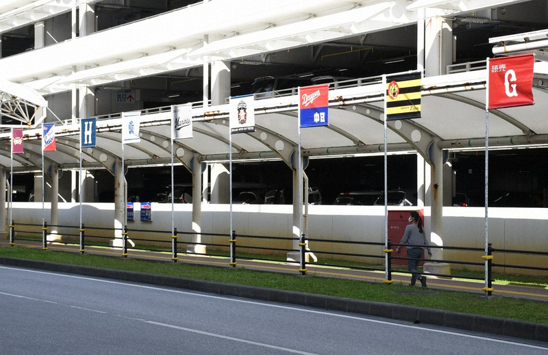 沖縄県内でキャンプを張る球団の旗が掲げられた那覇空港。新型コロナウイルス感染拡大を受けて県独自の緊急事態宣言が発令される中、異例の「球界の正月」を迎える=沖縄県那覇市の那覇空港で2021年1月31日午後3時8分、細谷拓海撮影