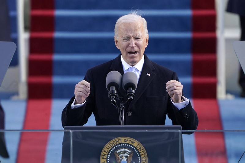 就任式で演説するバイデン米大統領=ワシントンで2021年1月20日、AP