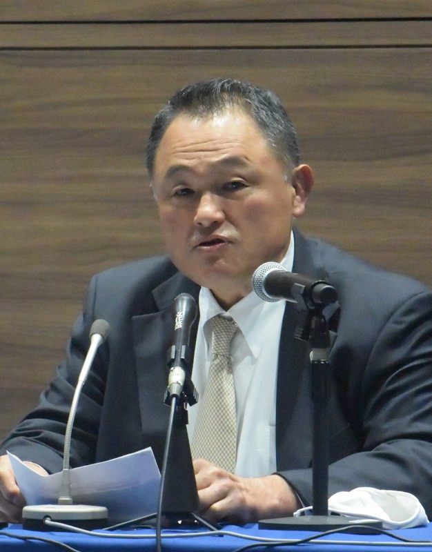 東京五輪・パラリンピック組織委員会の森喜朗会長の女性蔑視発言について「極めて不適切」と強調した日本オリンピック委員会の山下泰裕会長=東京都内で2021年2月9日午後2時3分、浅妻博之撮影