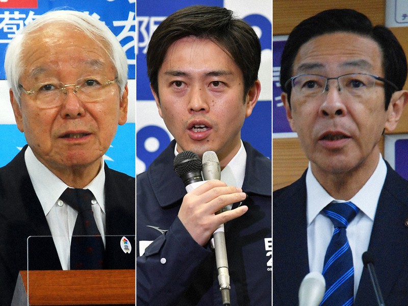 (左から)井戸敏三・兵庫県知事、吉村洋文・大阪府知事、西脇隆俊・京都府知事