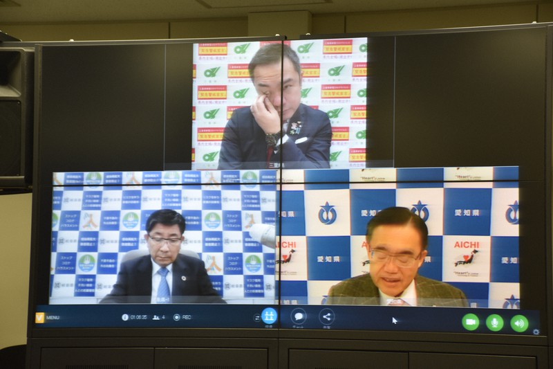 オンラインで行われた3県知事会議=愛知県自治センターで2021年3月3日午後6時2分、太田敦子撮影