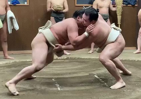 稽古で霧馬山と相撲を取る鶴竜(右)