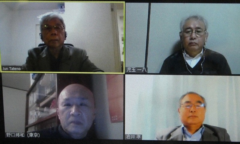 オンライン講演した(左上から時計回りで)舘野さん、児玉さん、岩井さん、野口さん=パソコン画面上で