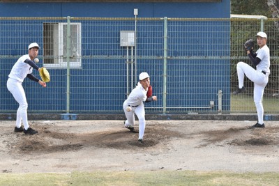 投球練習をする（左から）代木大和投手、矢野勢也投手、畑中仁太投手＝高知県須崎市で、北村栞撮影