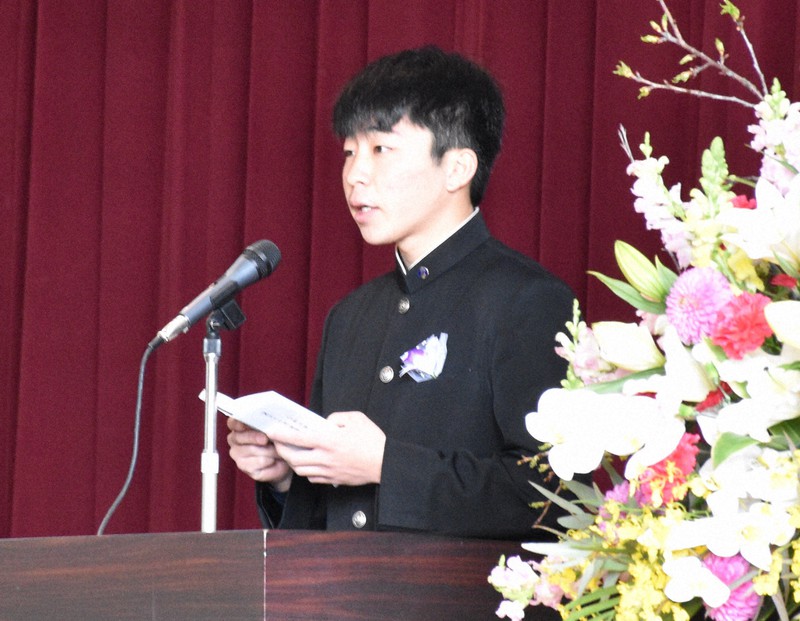 答辞に両親への感謝も込めた谷町源=愛知県立豊橋西高で2021年3月1日午前10時47分、岸本悠撮影