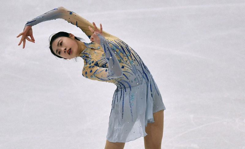 【フィギュアスケート世界選手権】女子フリーで演技するホンイー・チェン=ストックホルムで2021年3月26日、AP