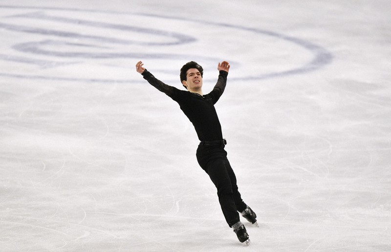 【フィギュアスケート世界選手権】男子フリーで演技するキーガン・メッシング=ストックホルムで2021年3月27日、AP