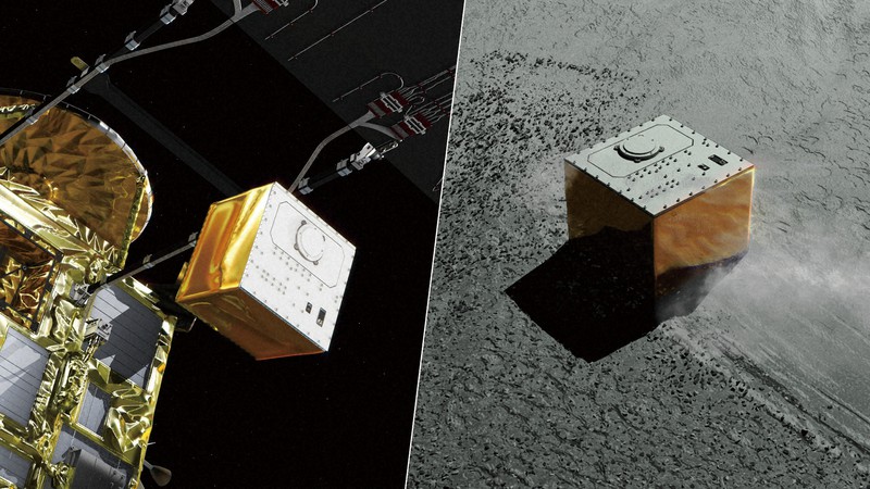 小惑星探査機「はやぶさ2」から切り離される仏独の小型着陸機「マスコット」の想像図(左)。右はリュウグウに着陸したマスコットの想像図=JAXA提供