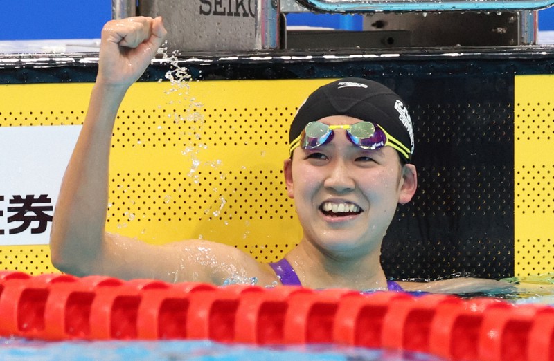 女子400メートル自由形決勝を制し、五輪出場を決めた小堀倭加=東京アクアティクスセンターで2021年4月4日、梅村直承撮影