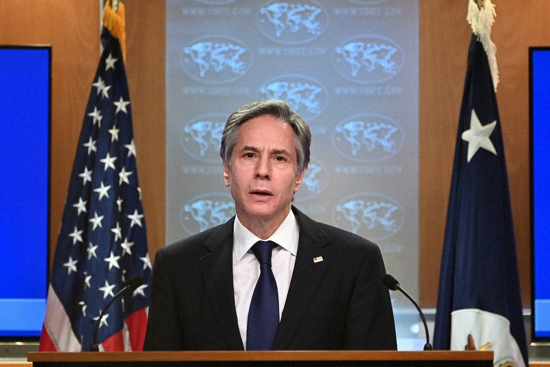人権報告書について発表するブリンケン米国務長官=ワシントンで3月30日、AP