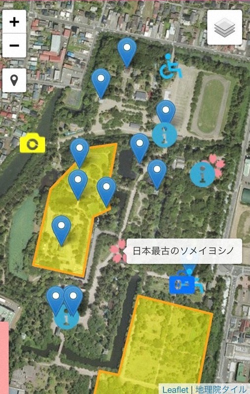 弘前公園内の写真スポットなどを紹介するデジタルガイドマップの画面