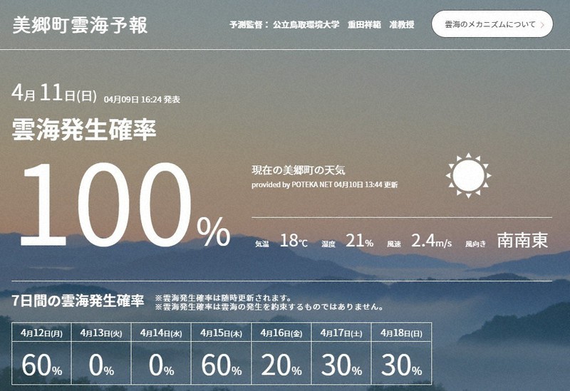 島根県美郷町が公式サイトで始めた雲海予報。最長10日先までの発生確率が示されている
