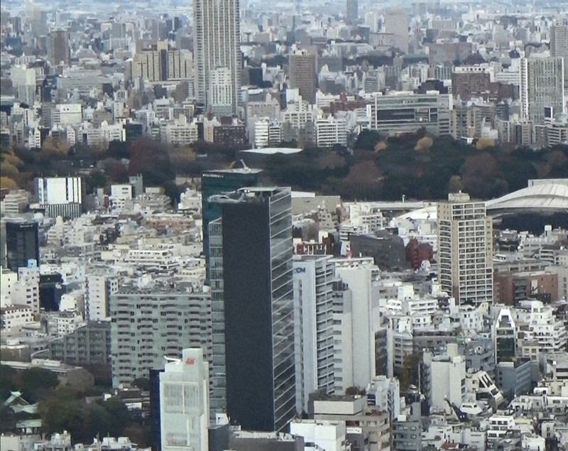 東京・山手線内の市街地を低空で旋回した後、原宿・竹下通り(渋谷区)周辺を北西に向けて飛ぶ米海軍ヘリ「シーホーク」。機体のすぐ後ろにあるビルの高さは115メートル。住民からは防衛省に「午後1時33分ごろ、渋谷区内で南から北にヘリが低空飛行してうるさい」との苦情があり、取材班が撮影した機体とほぼ一致している=都内で2020年12月14日午後1時32分、大場弘行撮影(写真は動画から)