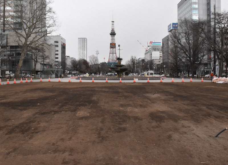 芝生がすっかり除去され、土がむき出しになった大通公園=札幌市中央区で2021年4月8日午後2時52分、土谷純一撮影