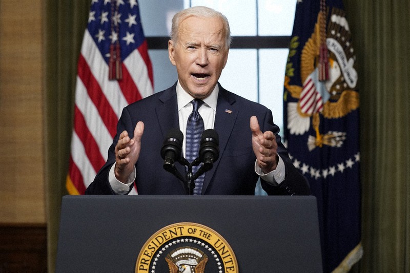 アフガニスタン駐留米軍の撤退について演説するバイデン米大統領=ホワイトハウスで2021年4月14日、AP
