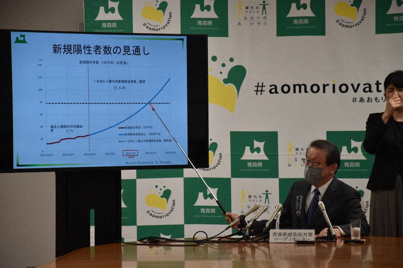 危機対策本部会議で今後の感染見通しを説明する大西基喜医師=青森市長島の青森県庁で2021年4月28日午後4時10分、江沢雄志撮影