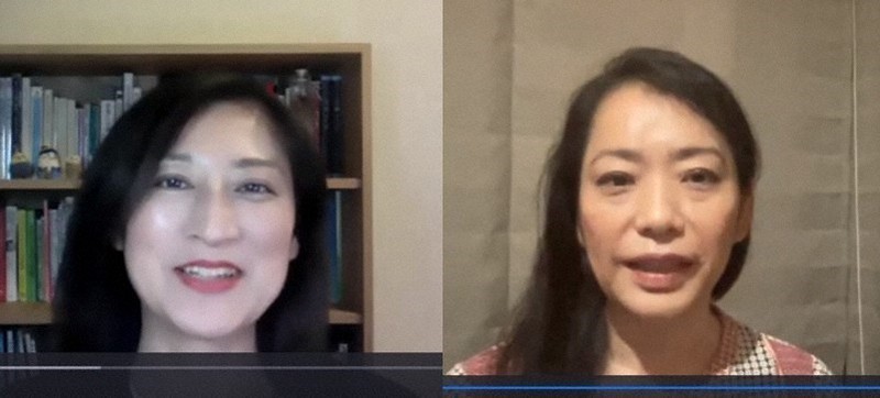 オンラインセミナーで日本のジェンダー平等の現状などについて意見を交わした大崎麻子・関西学院大客員教授(左)と元五輪選手の井本直歩子さん=提供写真