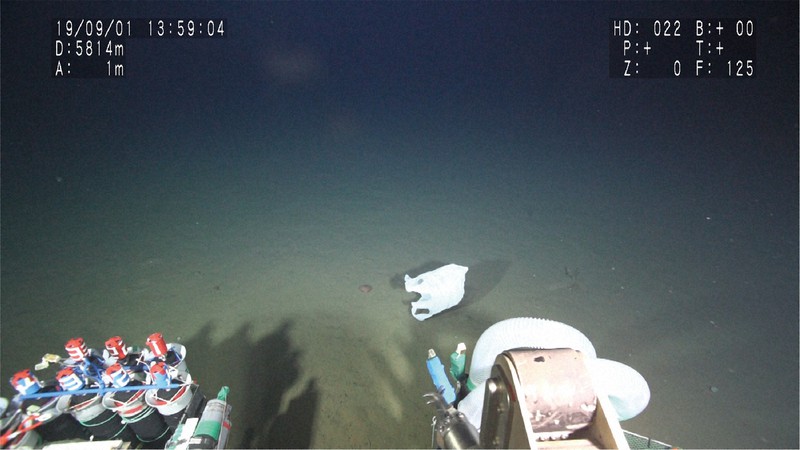 千葉・房総半島沖の深海底で見つかったプラスチックごみ。有人潜水調査船「しんかい6500」の船外カメラで撮影された=海洋研究開発機構提供