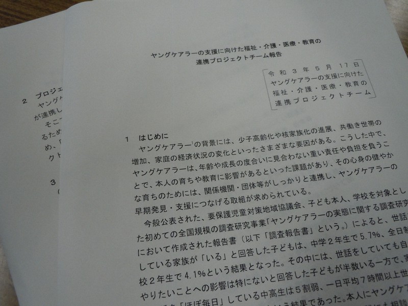 ヤングケアラーの支援策をまとめたプロジェクトチームの報告書=東京都千代田区で、三上健太郎撮影