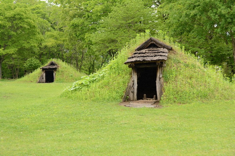 復元された御所野遺跡の竪穴式住居=岩手県一戸町で、安藤いく子撮影