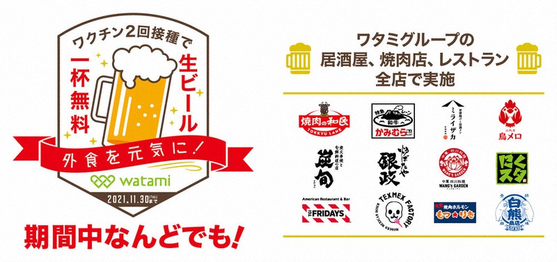 ワクチン接種でドリンク1杯無料のキャンペーンを告知するワタミのポスター=同社提供