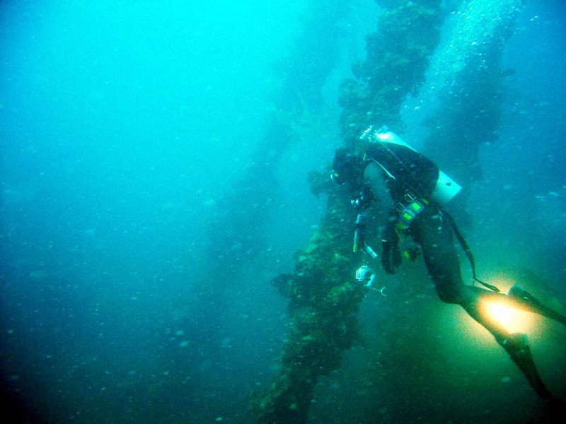 日本海軍の特務艦「石廊」の遺骨収容で、同艦のマスト付近を調査するダイバー=パラオ・コロール島沖で2005年6月7日撮影(厚生労働省提供)