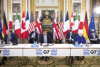 Britain's Chancellor of the Exchequer Rishi Sunak, center, is seen at a meeting of finance ministers from across the G7 nations at Lancaster House in London, on June 4, 2021. (Stefan Rousseau/Pool via AP)