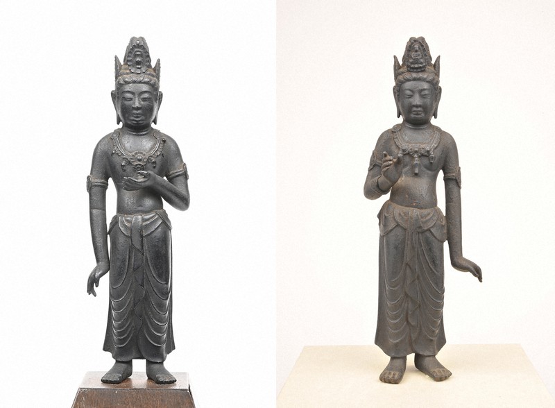勢至菩薩像(左、個人所蔵)と観音菩薩像(真光寺所蔵)=大津市歴史博物館提供