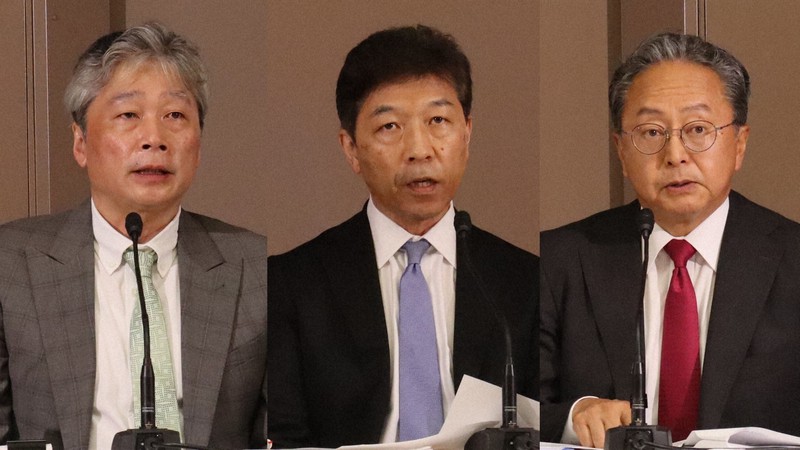 株主総会の公平性に関する調査報告書を公表しオンラインで会見する左から前田陽司、木崎孝、中村隆夫の3弁護士=2021年6月10日(東芝提供)