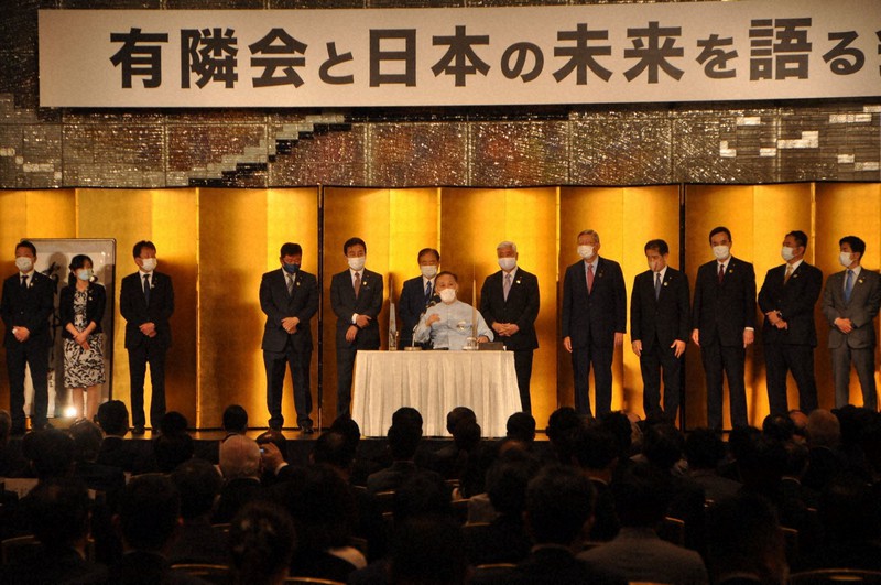 新型コロナウイルスの感染防止に配慮して開かれた自民党谷垣グループの政治資金パーティー=東京都内のホテルで2021年6月29日、小田中大撮影
