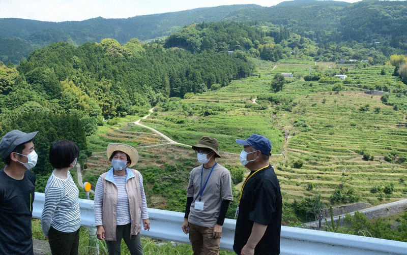中田の棚田(右奥)の再生を目指す協議会のメンバーら=和歌山県紀美野町で、山口智撮影