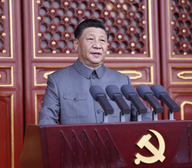 中国共産党創建100年を記念する祝賀大会で演説する習近平総書記(国家主席)=北京で2021年7月1日、新華社AP