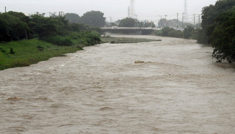 大雨の影響で増水した金目川=神奈川県平塚市で2021年7月3日午前10時39分、西夏生撮影