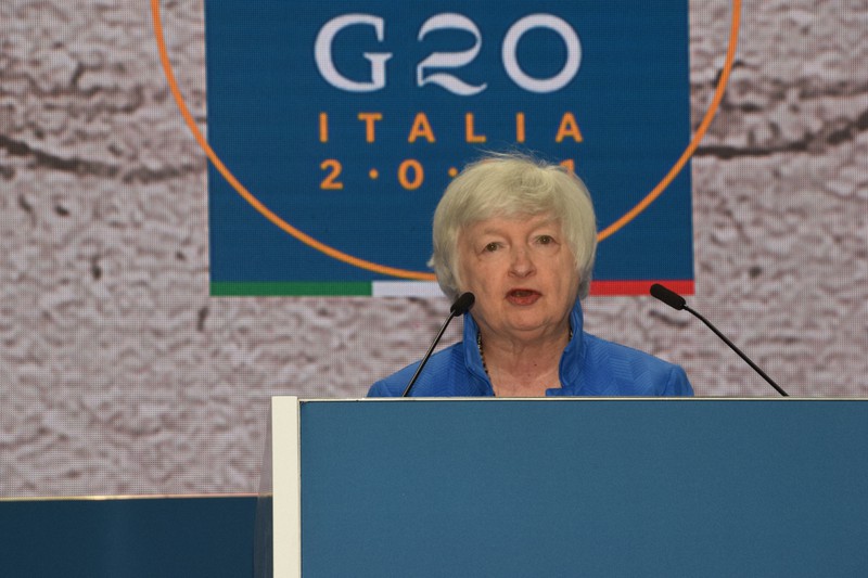 記者会見するイエレン米財務長官=イタリア北部ベネチアで2021年7月11日、横山三加子撮影