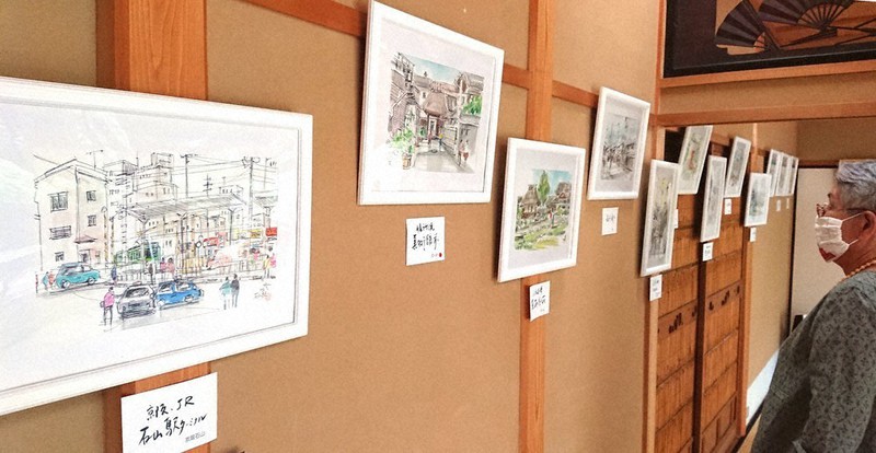 京阪・石坂線、愛情たっぷり 寺田さん水彩スケッチ展 18日まで