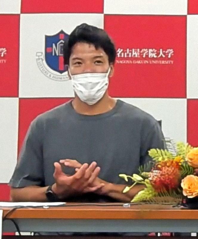 オンライン会見で意気込みを語る大島健吾選手=名古屋市熱田区の名古屋学院大で2021年7月15日、加藤沙波撮影