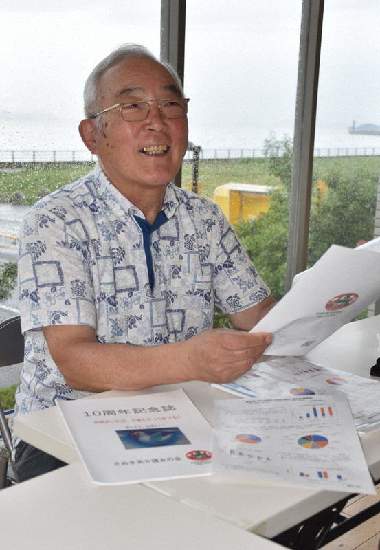 男性介護者のアンケート結果を手に「家庭の悩みをオープンに語れるような世の中になれば」と話す「さぬき男介護友の会」の森寛昭会長=高松市で2021年7月8日、西本紗保美撮影