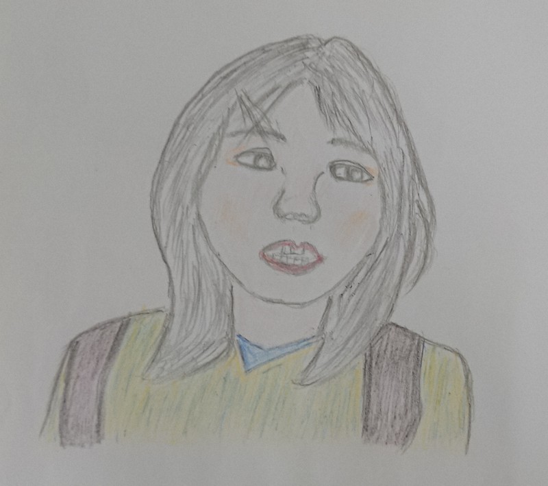 養護学校高等部時代に修学旅行を楽しむ娘を母親が描いた似顔絵。大きく澄んだ目で笑う姿にいつも癒やされていた