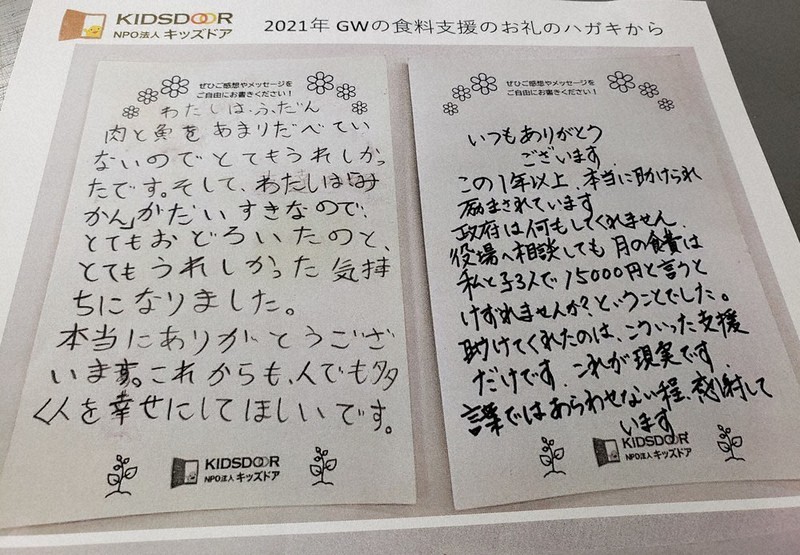 NPO法人キッズドアの食料支援に対し、保護者や子どもたちから届いたメッセージ。「肉や魚をあまりたべていない」と切実な声が寄せられている=キッズドア提供