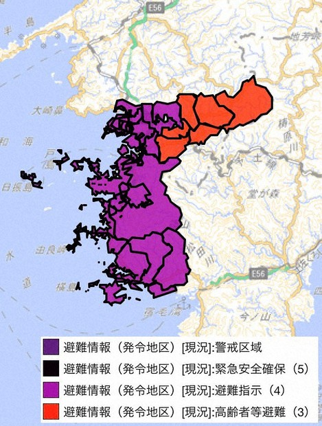 「えひめの防災・危機管理」の地図では7月18日、避難指示が発令された地域が紫、高齢者等避難が赤で染められた