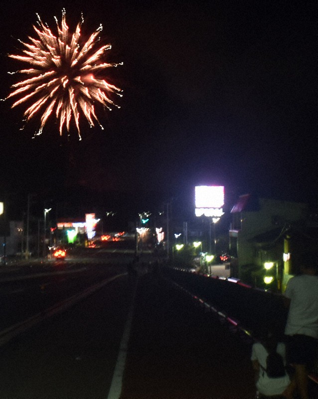 夜空に突如打ち上げられた花火に見入る市民=由利本荘市で2021年8月1日午後8時2分、高野裕士撮影