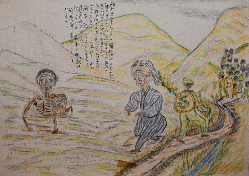 列から取り残された、目の見えない老人や裸の子ども=いずれも田辺末隆さんの「戦争が生んだ狂気」から