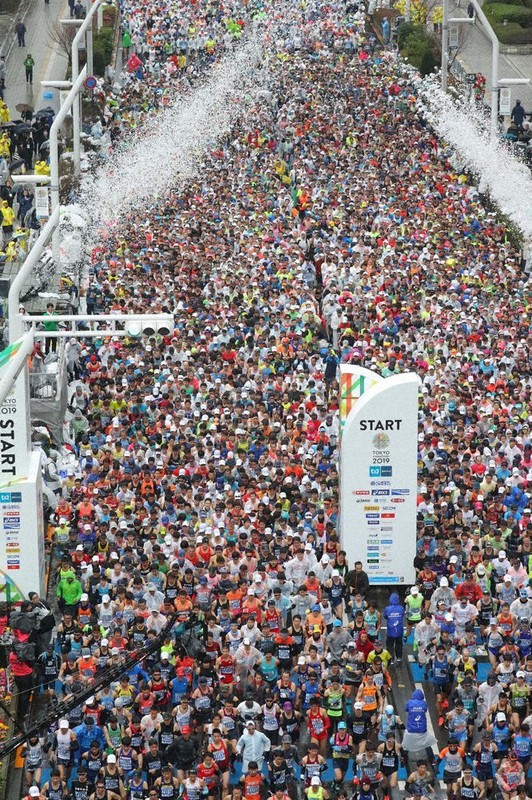 2019年の東京マラソンで都庁前を一斉にスタートするランナーたち=代表撮影