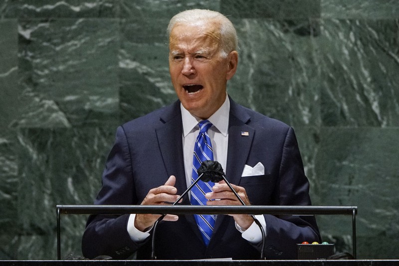 国連総会で演説するバイデン米大統領=2021年9月21日、AP