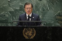 In this Sept. 21, 2021 photo, South Korea's President Moon Jae-in addresses the 76th Session of the U.N. General Assembly. (Eduardo Munoz/Pool Photo via AP)