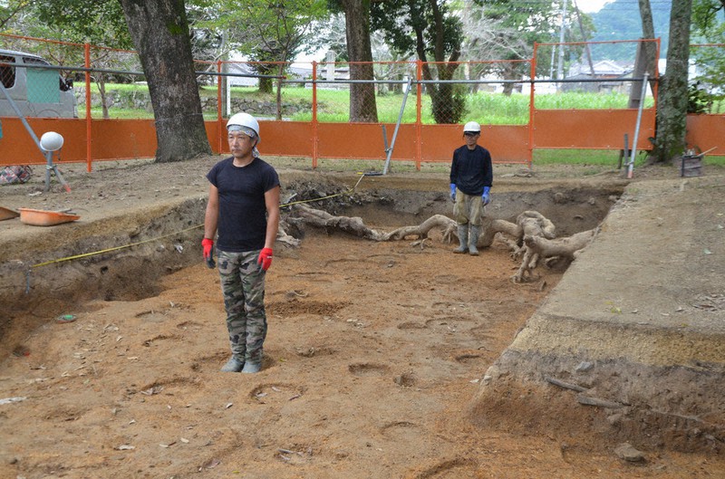 大極殿院の北東端で出土した、築地回廊を築く際の足場穴の跡(手前の男性が立っている位置)=京都府木津川市加茂町の恭仁宮跡で、鈴木健太郎撮影