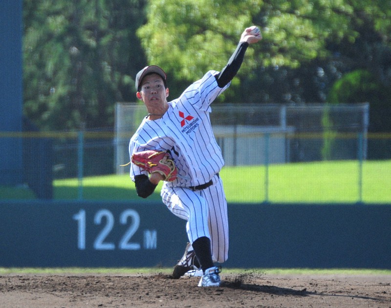 【三菱自動車倉敷オーシャンズ-福山ローズファイターズ】7回無失点と好投した三菱自動車倉敷オーシャンズの先発・守屋=山口・津田恒実メモリアルスタジアムで2021年10月4日午前10時24分、木村敦彦撮影