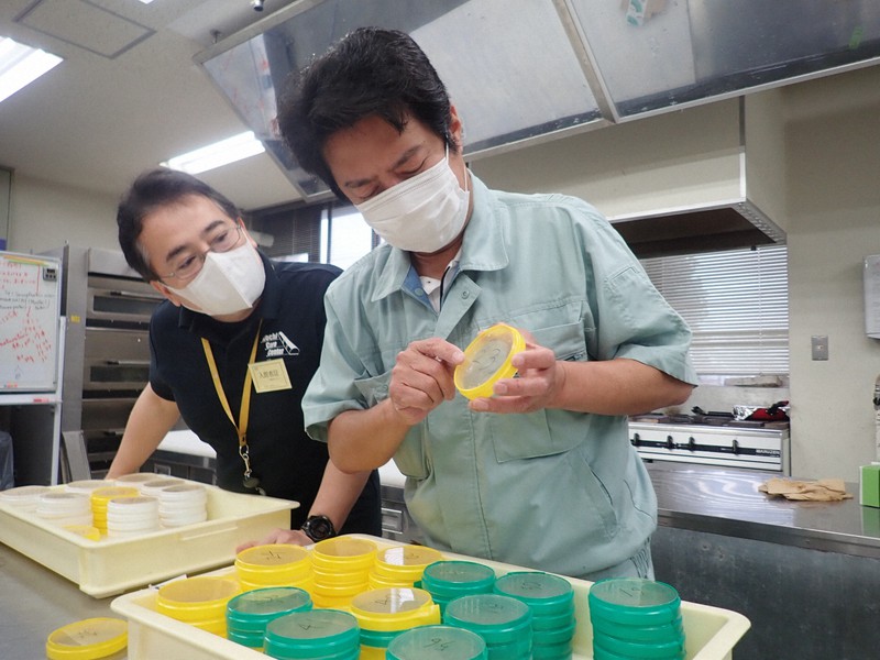 深海から引き揚げられた「宇宙酵母」の状態を確認する上東治彦・食品加工特別技術支援員(右)=高知県工業技術センター提供