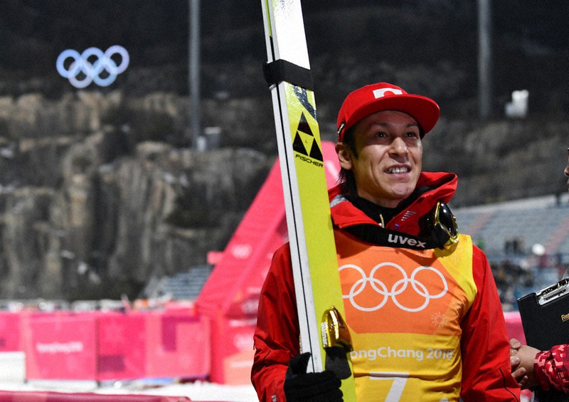 2018年の平昌五輪で冬季五輪史上最多となる8回目の出場を果たしたノルディックスキー・ジャンプ男子の葛西=宮間俊樹撮影
