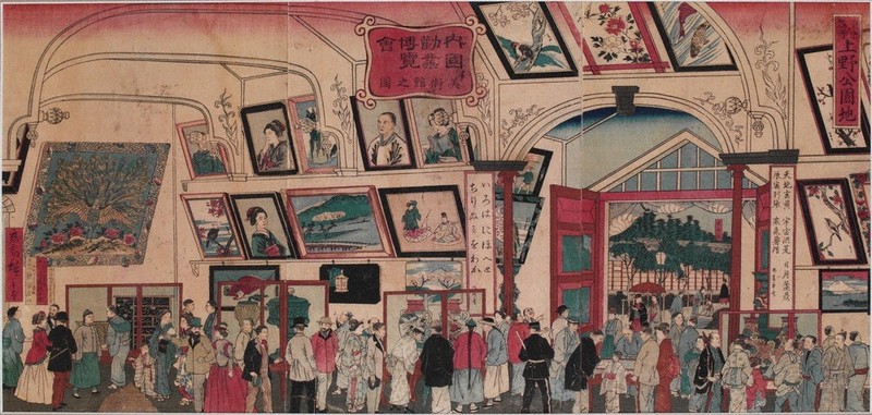 展示されている「内国勧業博覧会美術館之図」(三代歌川広重)=長崎歴史文化博物館蔵